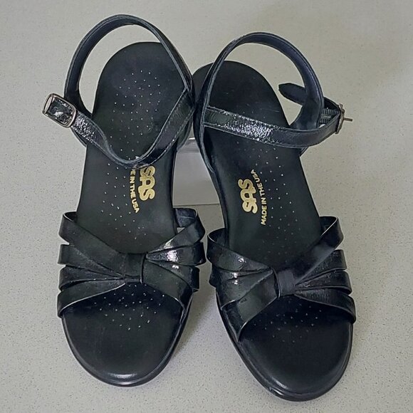 SAS Strippy Black Patent Leather Wedge Sandals Women's Size 7M - Picture 1 of 14